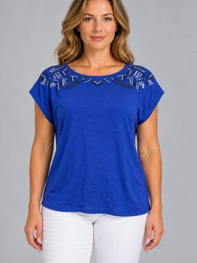 Apt. 9 Petite Small PS Royal Blue Beaded Embellished Cap Sleeve Blouse Top